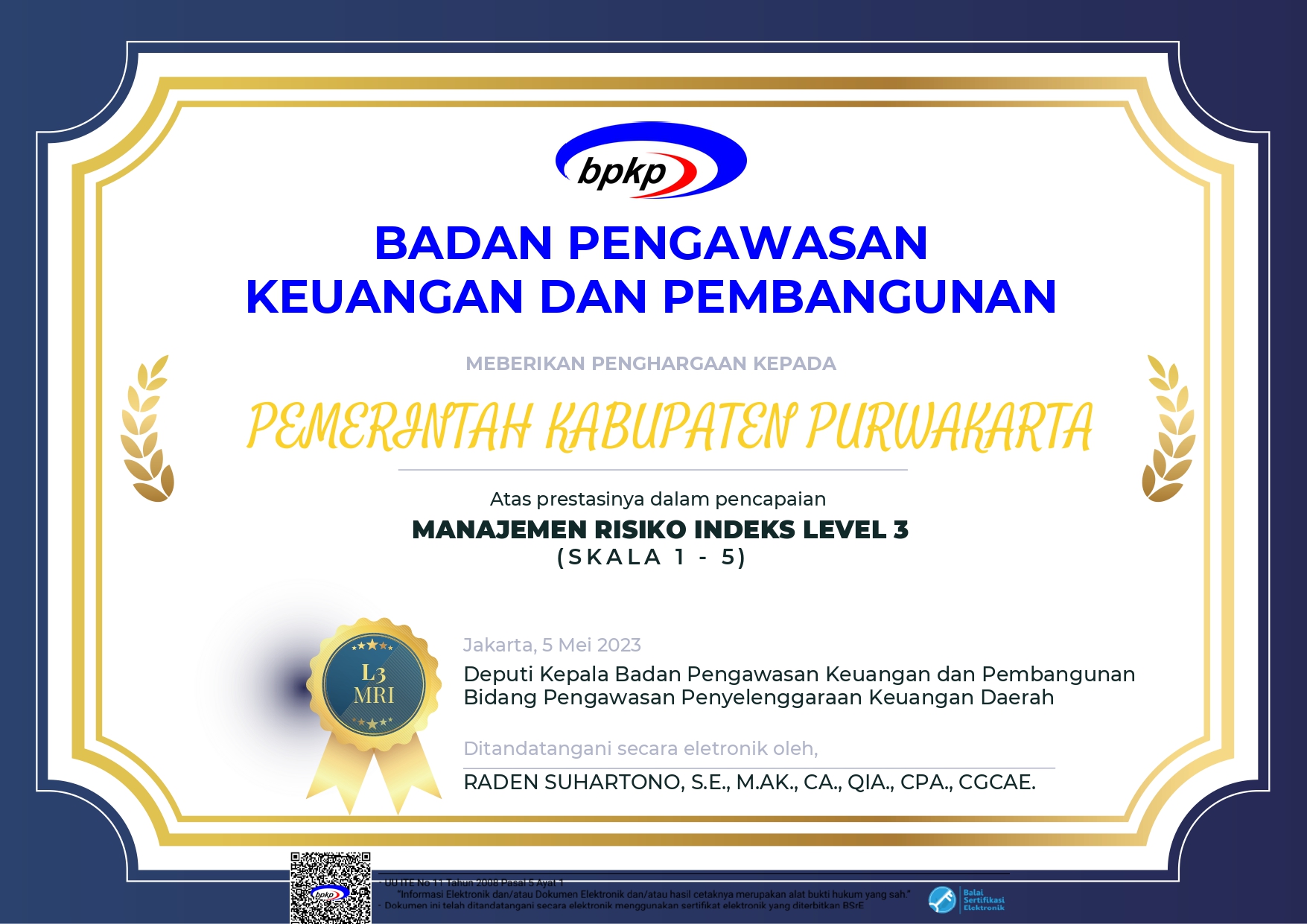 Kabupaten Purwakarta meraih predikat Predikat Indeks Manajemen Risiko (MRI) Level 3 dari BPKP